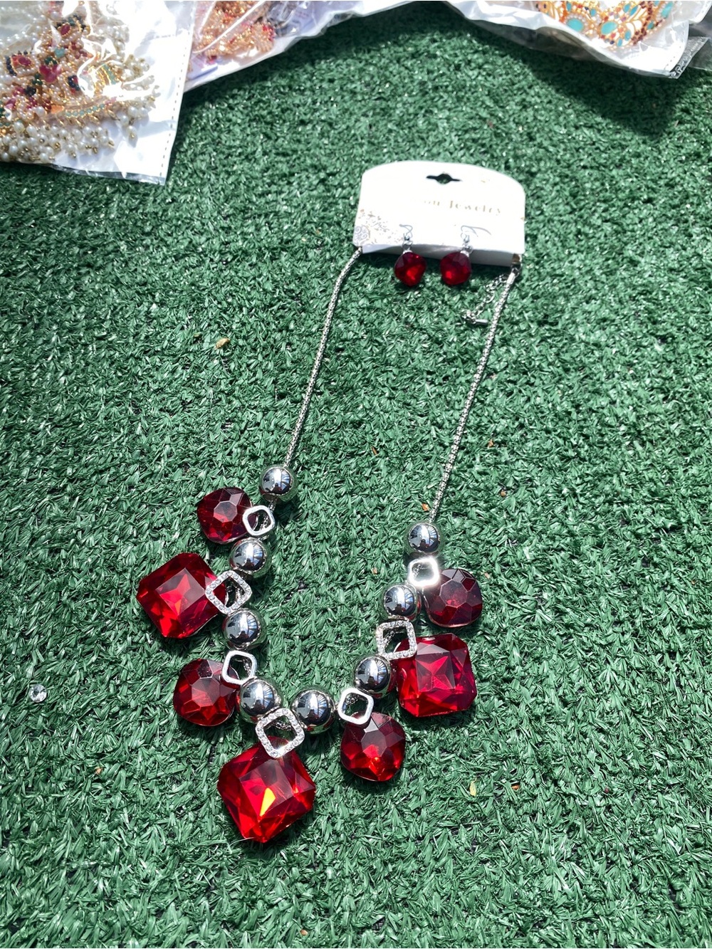 Red Crystal Statement Necklace and Earring Set - Women Accessories